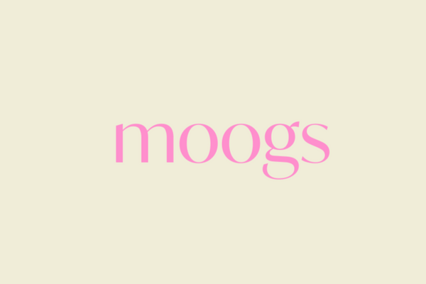 Text 'moogs' in pink on a beige background